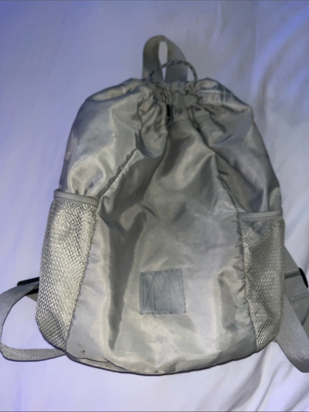 H&M Silver Drawstring Backpack with Mesh Side Pockets grey green color